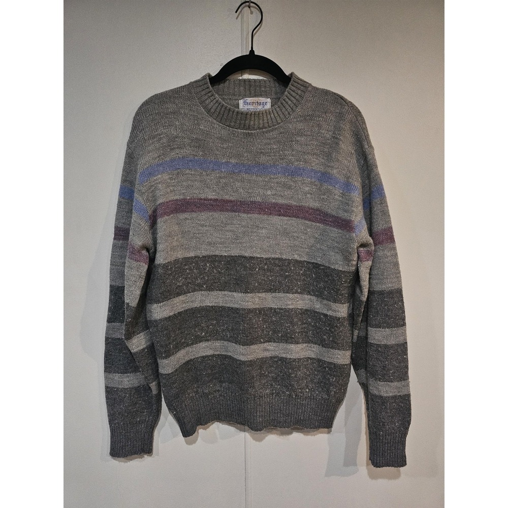 Vintage Heritage Sweater Mens Large Gray Striped Crewneck Knit Pullover USA 80s
